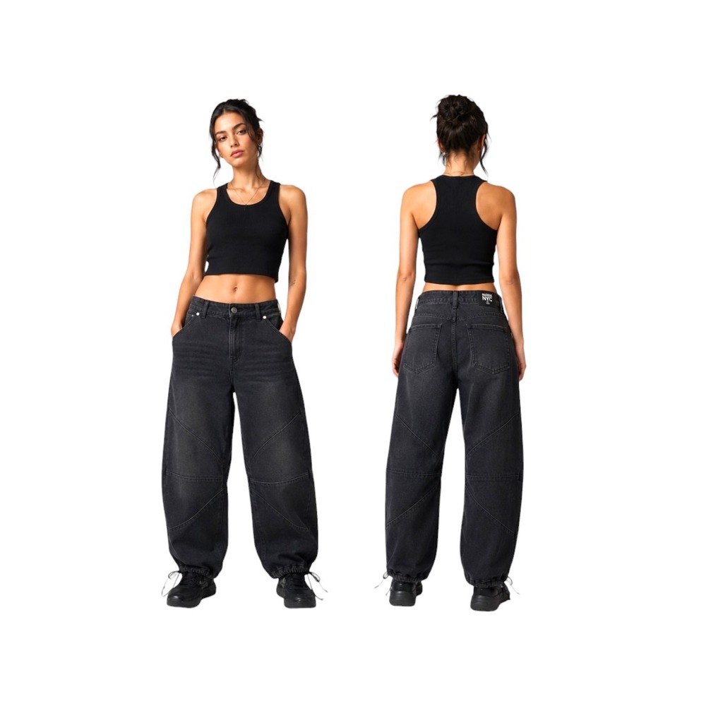 Madden NYC Womens Baggy Parachute‎ Jeans Faded Black Paneled Drawstring Hem SZ 6